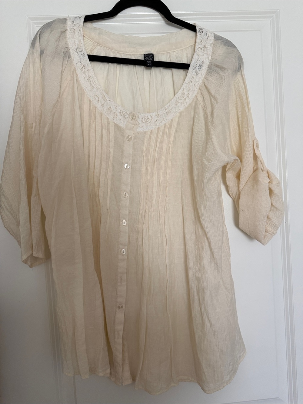 grand & greene Cream Lace-Trim Button-Front Blouse - Picture 1 of 3